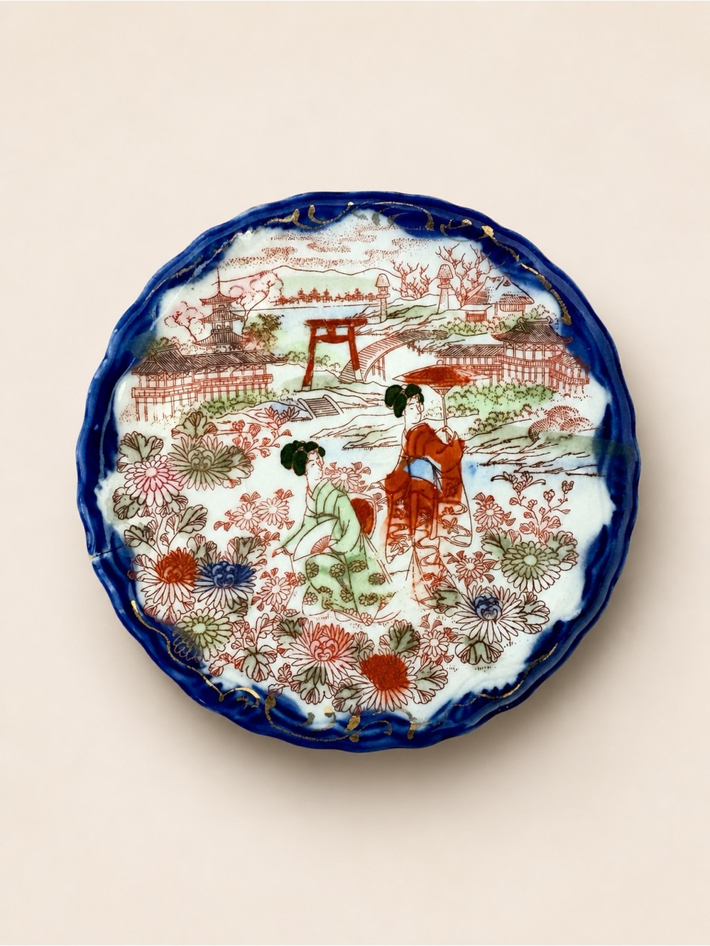 5 / $40 Vintage 1950s Japanese Geisha Tea Cup & Plate Porcelain Set Blue - Picture 2 of 5